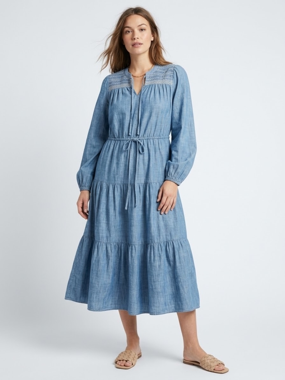 Levi's Seren Tiered Midi Dress Long Sleeve Medium Wash Size S NWT